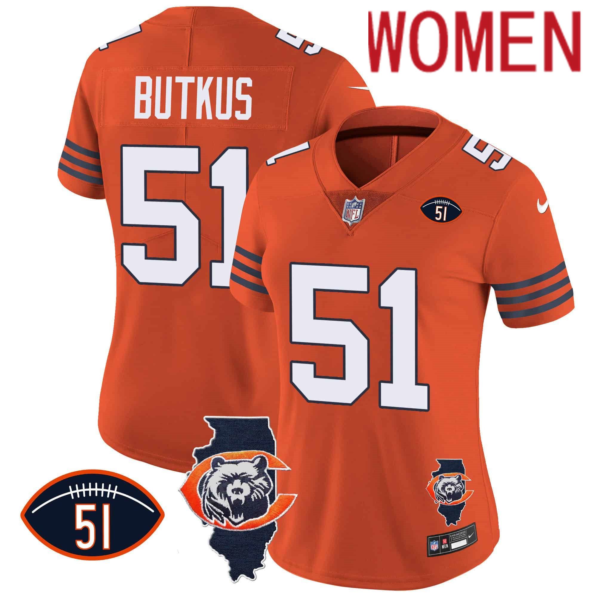 Women Chicago Bears #51 Butkus Orange 2024 Nike Throwback Illinois Patch Vapor NFL Jersey->women nfl jersey->Women Jersey